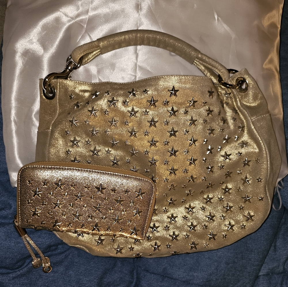 *JIMMY CHOO* GOLD STAR STUDDED HANDBAG sells new $1695+$895 NEW MATCHING WALLET